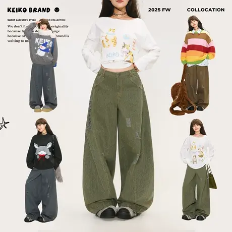 KEIKO 美式廓形解构弯刀破洞牛仔裤女25新款复古宽松休闲阔腿裤子商品大图