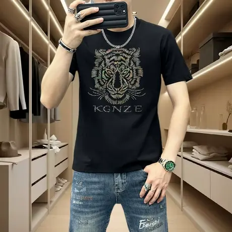 高端印花大牌t恤男高端个性时尚刺绣纯棉上衣服潮流修身男士短袖商品大图