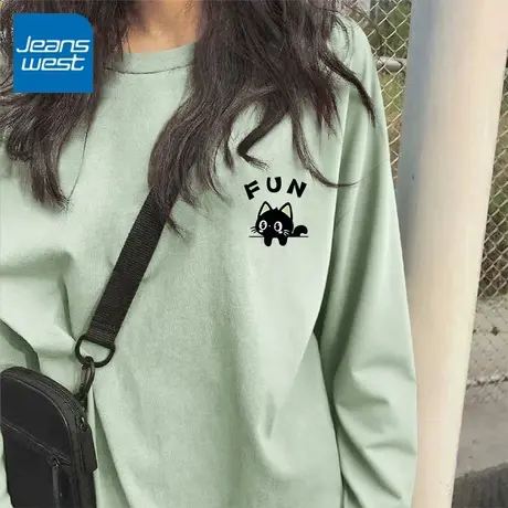 KV真维斯绿色长袖t恤女2025新款纯棉透气秋季宽松百搭圆领打底衫商品大图