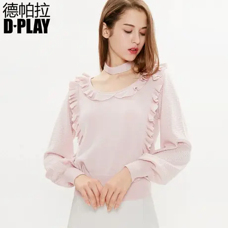 DPLAY德帕拉春新品欧美粉色圆领木耳边灯笼袖毛衣宽松针织衫商品大图