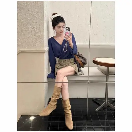 v领针织衫长袖t恤女早秋季韩系设计感小众超好看单穿独特漂亮上衣商品大图