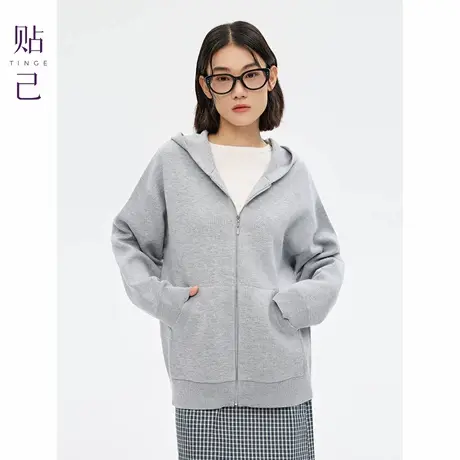 TINGE贴己空气层保暖拉链连帽针织卫衣女秋冬显瘦休闲针织外套商品大图