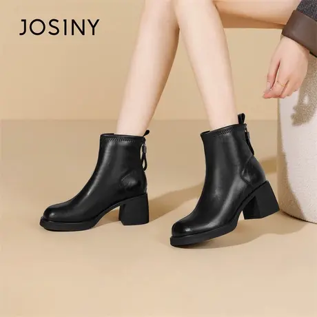 卓诗尼2025冬季新款粗跟短筒靴时尚舒适优雅女靴后拉链显瘦时装靴图片
