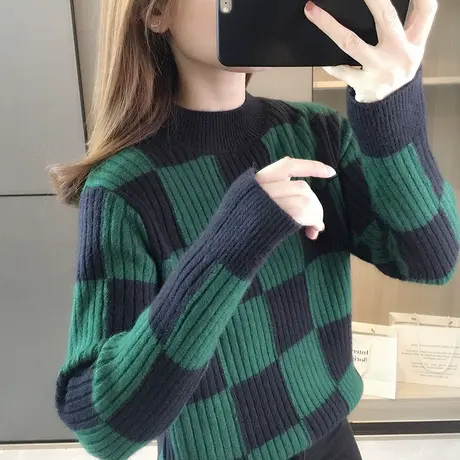 秋冬女士毛衣棋盘格子针织衫2022年新款半高领套头爆款打底衫上衣图片