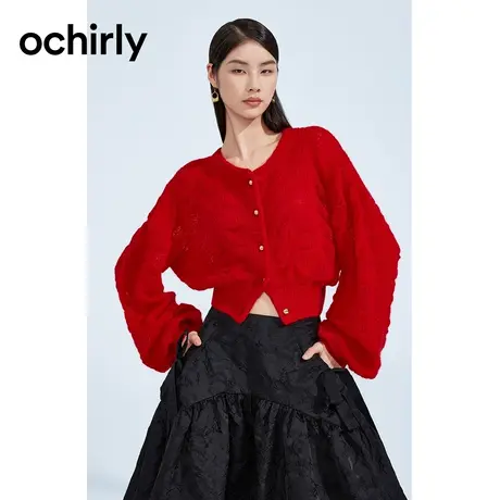 【品牌甄选】欧时力 羊毛镂空针织外套2023新款冬毛衣灯笼袖软糯图片