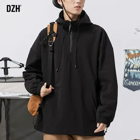 男士黑色半拉链套头卫衣男连帽潮牌2023新款美式复古外套秋季上衣商品大图