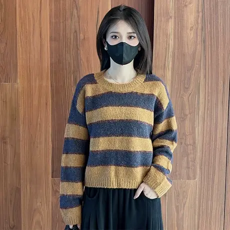 条纹毛衣女秋冬季2023新款慵懒风宽松显瘦百搭针织衫撞色圆领上衣图片