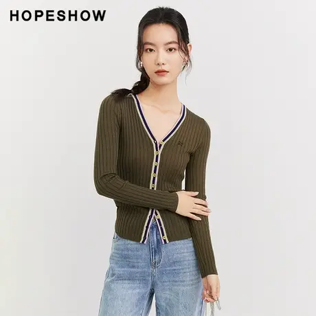 红袖outlets撞色边V领针织衫hopeshow2023秋款薄款休闲开衫上衣商品大图