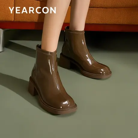 意尔康高跟短靴女真皮单靴靴子2023新款爆款粗跟马丁靴短筒靴百搭图片