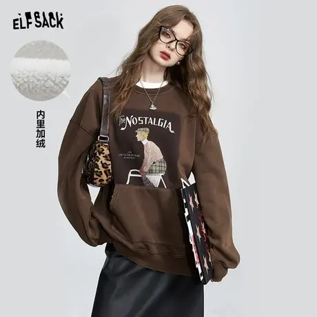 妖精的口袋美拉德加绒卫衣女2023冬季新款复古印花宽松摇粒绒上衣图片