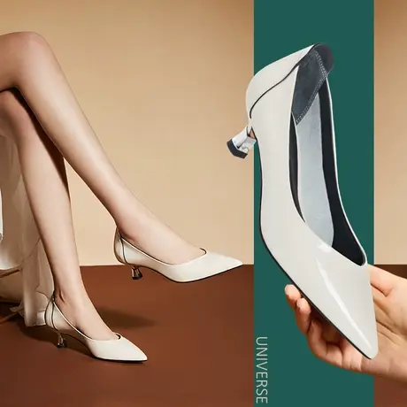 法式春夏优雅单鞋低跟小跟瓢鞋女真皮尖头亮面猫跟简约工作鞋清仓图片