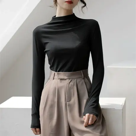 2023年新款春秋冬季白色洋气半高领百搭打底衫内搭黑色长袖t恤女图片