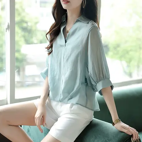 宝诗黎V领七分袖衬衫女宽松百搭时尚衬衣2023夏季新款休闲上衣潮商品大图