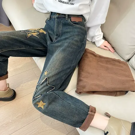 复古哈伦牛仔裤女秋冬季加绒加厚大码胖mm宽松休闲显瘦萝卜老爹裤商品大图