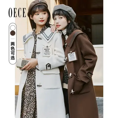 Oece复古牛角扣羊毛大衣冬季新款女装中长双面呢外套商品大图