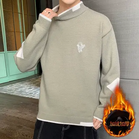 新款加绒加厚男毛衣秋冬季保暖半高领套头针织打底衫青年外套潮流商品大图