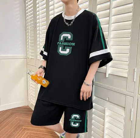 青少年短袖t恤男夏季男孩套装夏装冰丝华夫格休闲运动潮流两件套商品大图