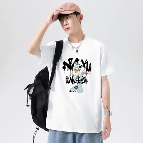 美式重磅纯棉白色t恤男短袖宽松潮流印花圆领上衣服体恤全棉半袖商品大图