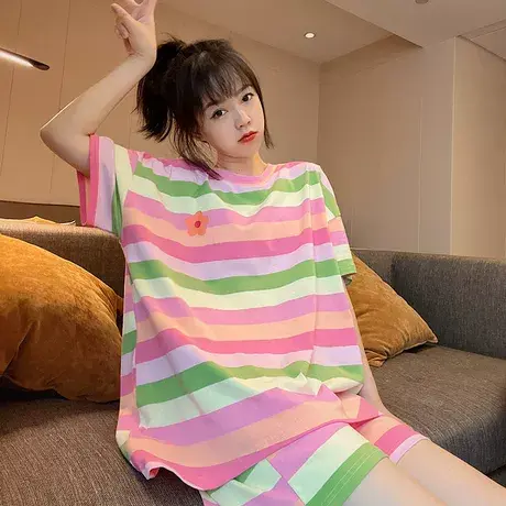 彩色条纹短袖短裤睡衣女夏季胖mm宽松大码薄款家居服套装200斤潮图片