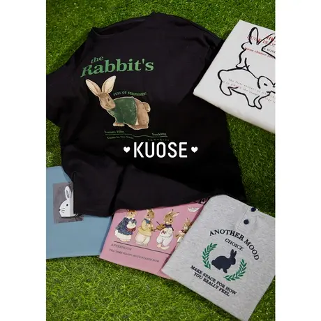 阔色美式复古兔子T恤女夏日穿搭黑短袖polo灰短款正肩上衣蓝图片