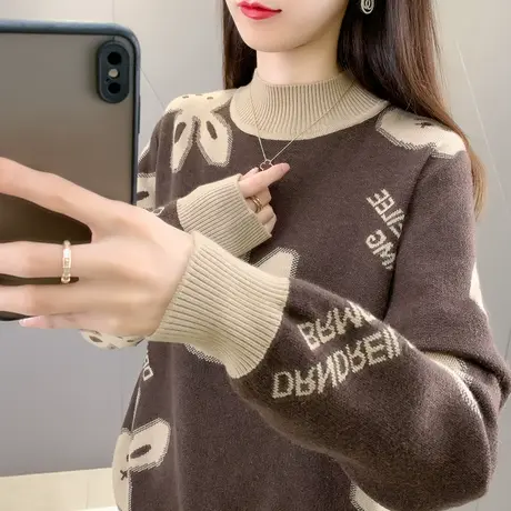 兔子提花拼色半高领毛衣女宽松2024春季新款百搭打底针织衫上衣厚商品大图