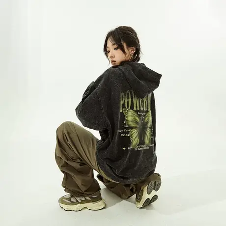 YEP炒雪花黑色连帽卫衣女春秋2023新款复古宽松oversize外套上衣图片