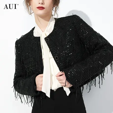 AUI黑色高级感气质小香风短款外套女2023秋冬新款小个子长袖上衣图片