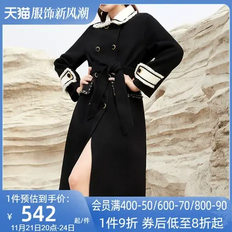 AUI欧洲站黑色中长款毛呢外套女2023秋冬新款小香风修身呢子大衣图片