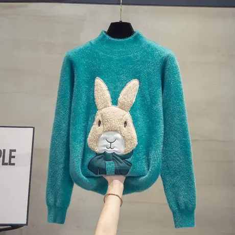 半高领水貂绒毛衣女加厚打底衫2023秋冬新款慵懒风针织衫内搭上衣商品大图