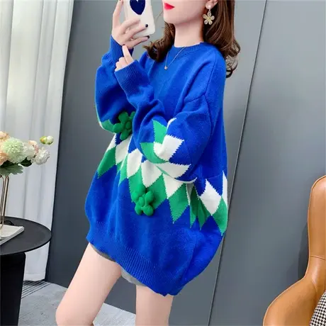 设计感立体花朵圆领毛衣女套头2022新款秋款宽松温柔风洋气针织衫图片