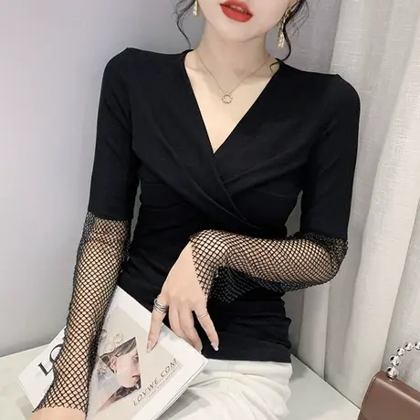 网红性感V领T恤女长袖欧货设计感闪亮烫钻拼接上衣内搭洋气打底衫商品大图