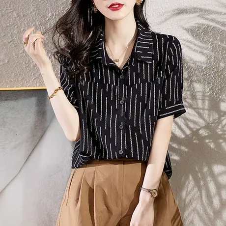 短袖雪纺衬衫女夏装2023新款中年妈妈洋气条纹胖mm设计感高端上衣商品大图