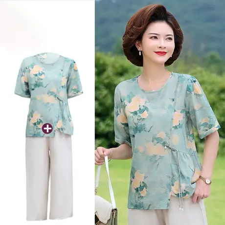 中老年女装妈妈洋气夏装新款国风大码时尚休闲套装老太太衣服短袖商品大图