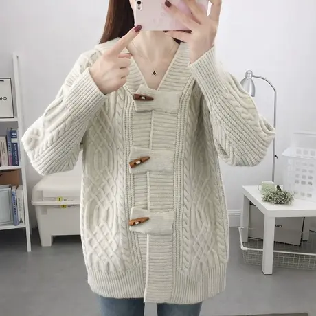 冬季2023年新款慵懒风加厚连帽牛角扣针织开衫大板毛衣外套帽子衫商品大图