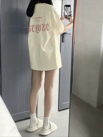 杏色纯棉短袖正肩t恤潮牌半袖女夏季2025新款宽松大版上衣情侣装商品大图