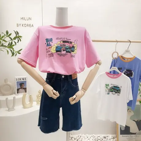 韩国东大门上衣2022夏季新款ins港味复古汽车撞色短袖T恤设计感潮图片
