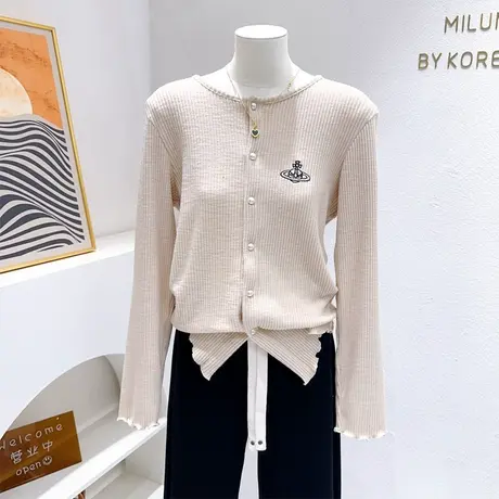 韩代款正肩上衣~2023秋冬款针织开衫木耳边长袖珍珠绒T恤打底衫图片