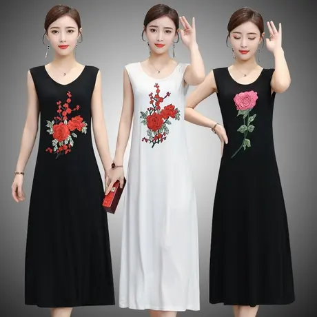夏季莫代尔吊带无袖背心裙中长款大码外穿绣花打底内搭显瘦连衣裙图片