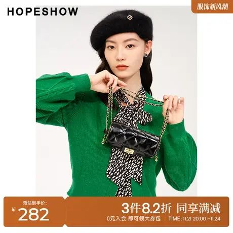 红袖outlets绞花单排扣V领开衫hopeshow2023冬款灯笼袖慵懒毛衣商品大图