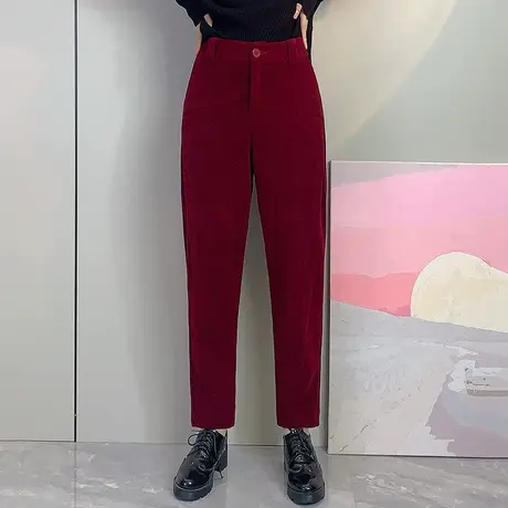酒红色哈伦裤女秋冬小个子2023新款时尚高腰显瘦休闲裤九分萝卜裤图片