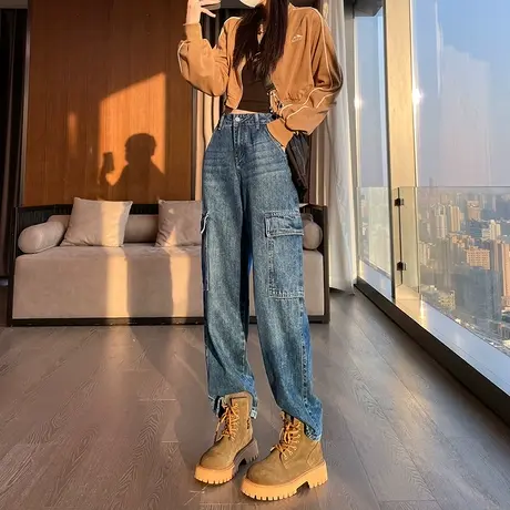 大口袋工装牛仔裤女春秋高腰直筒宽松休闲复古做旧显瘦阔腿长裤子图片