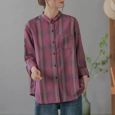 dza 复古休闲格子棉麻上衣女士翻领衬衫春秋休闲宽松显瘦亚麻衬衫图片