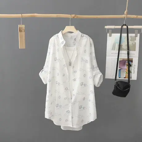 文艺小清新白底印花长袖衬衫女小众防晒衣开衫薄款外套户外空调衫商品大图