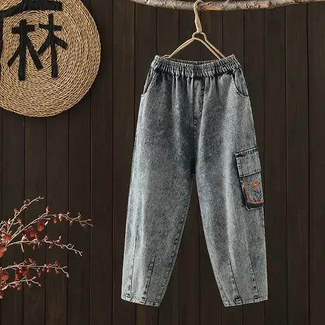 枫谜新款文艺复古牛仔做旧大口袋松紧腰宽松休闲显瘦牛仔哈伦裤图片