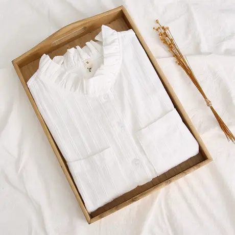 韩版百褶条纹立领花边白色衬衫女镂空设计感小众宽松早秋打底上衣图片