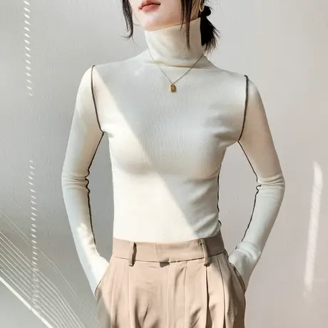 羊毛高领长袖针织衫女2023秋冬新品修身减龄西装内搭设计感打底衫图片