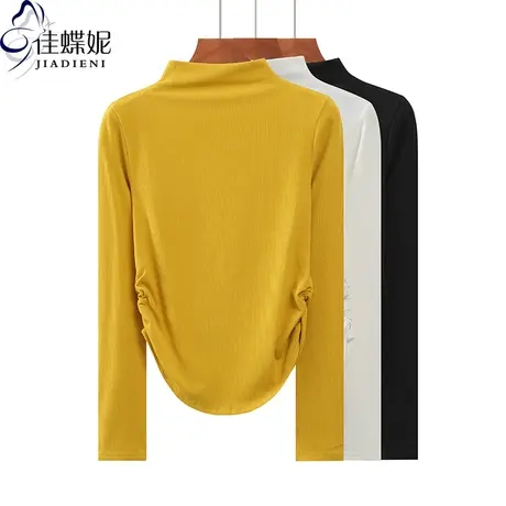 秋冬新款韩版半高领修身下摆圆弧褶皱纯棉纯色长袖体恤上衣内搭女图片