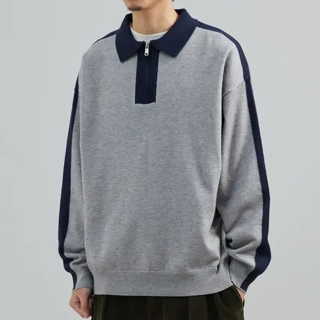 2022秋冬新款设计师翻领针织衫男韩版拼色polo衫宽松重磅毛衫t恤商品大图