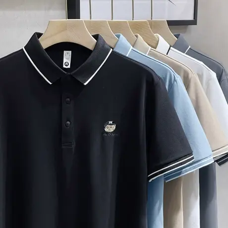 英伦条纹领立体小熊刺绣高级感翻领短袖T恤男装POLO衫商务体恤衫商品大图