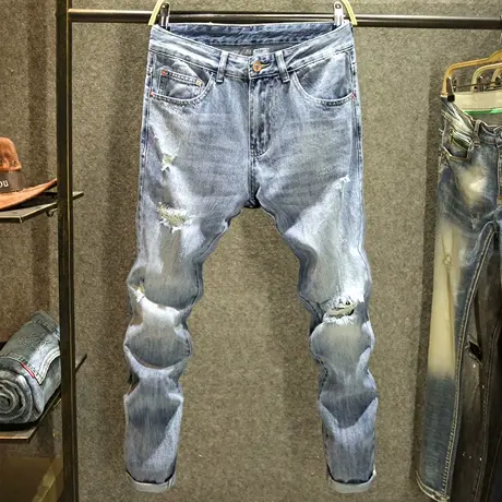 破洞刮烂牛仔裤男潮牌宽松直筒裤2024夏季男士休闲韩版哈伦裤薄款商品大图